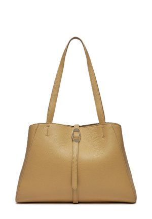 Sac tote en cuir beige avec une surface texturée, deux anses et un détail de boucle décoratif à l'avant.