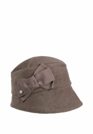 Brown felt bucket hat with wide brim featuring a large matching fabric bow and a small round metal brand tag on the side.