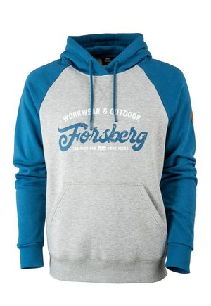 Grijze en blauwe hoodie met een kangoeroezak, voorzien van een logo op de voorkant en raglanmouwen; gemaakt van zachte, gestructureerde stof.