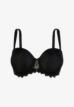 Zwarte beha met padded cups, kantdetails en verstelbare banden. Voorzien van een mesh paneel in het midden en decoratieve hardware accenten.