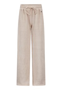 Béžové široké kalhoty vyrobené z texturované tkaniny. Mají elastický pas se stahovací šňůrkou a decentní branding na straně.