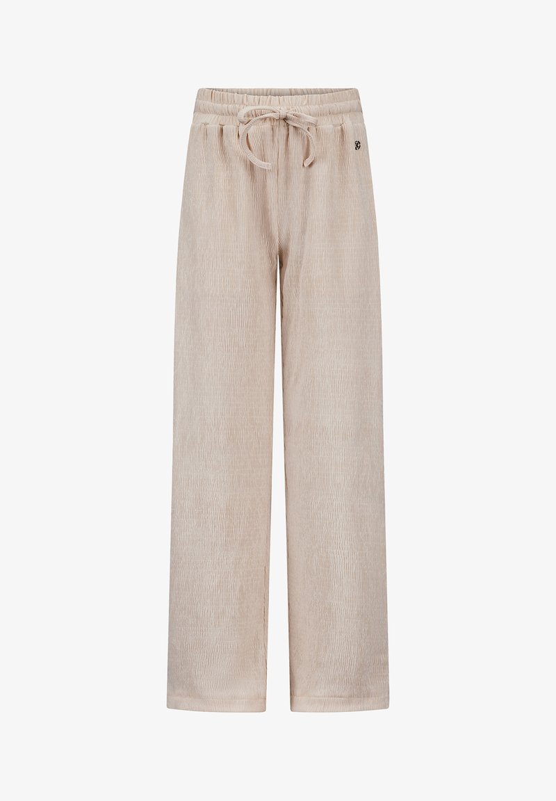Béžové široké kalhoty vyrobené z texturované tkaniny. Mají elastický pas se stahovací šňůrkou a decentní branding na straně.