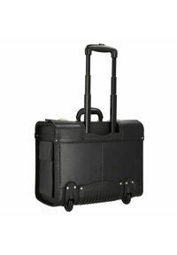 Black leather rolling bag with retractable handle, two wheels, and a side pocket. Features smooth texture and metal accents.