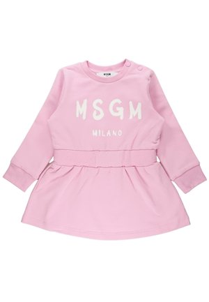 Lyserød babykjole med lange ærmer, hvid "MSGM MILANO" tekst, rund halsudskæring, trykknapper på skulderen og detaljer med indsnøring i taljen.