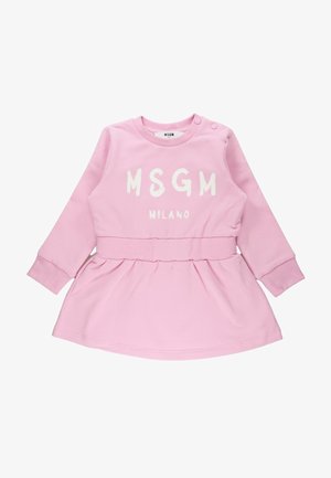 Robe bébé rose à manches longues avec le texte blanc « MSGM MILANO », col rond, boutons-pression à l'épaule et détail froncé à la taille.