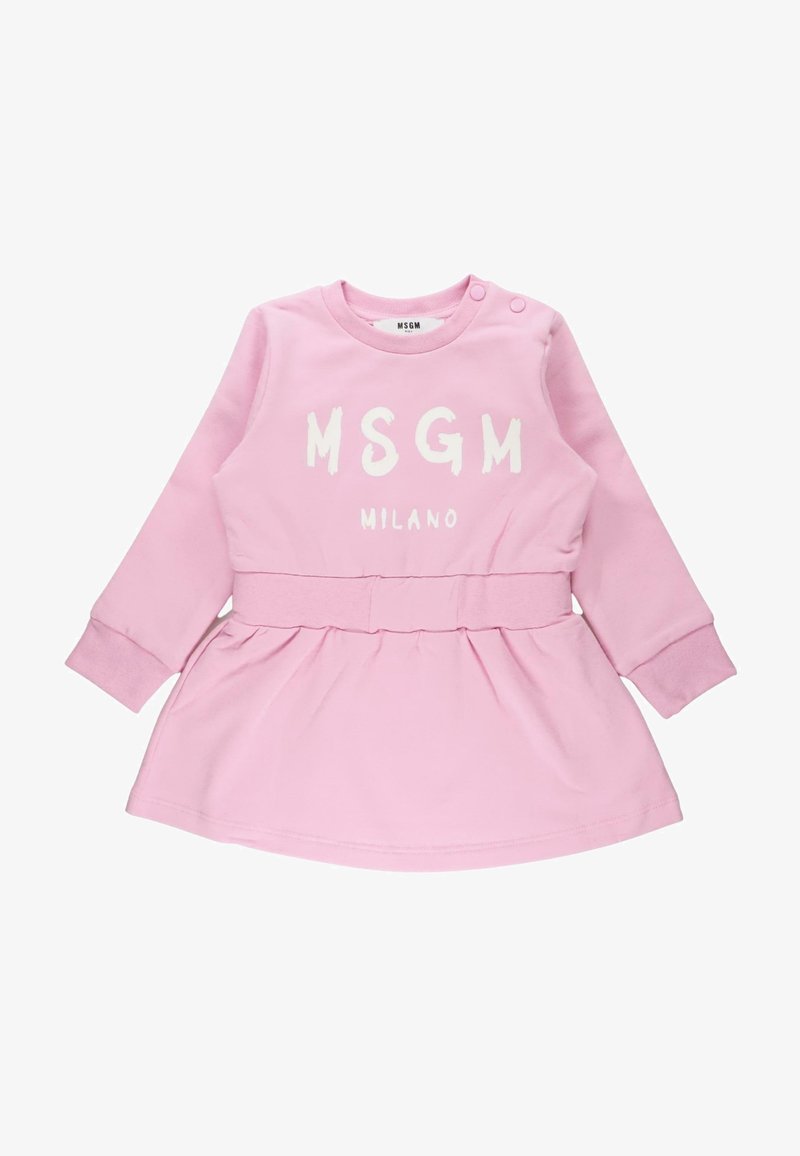 Robe bébé rose à manches longues avec le texte blanc « MSGM MILANO », col rond, boutons-pression à l'épaule et détail froncé à la taille.