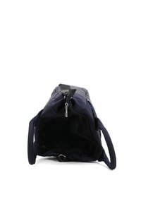 Bolsa de viaje acolchada en color azul marino con cierre de cremallera, dos asas y una correa ajustable. El interior es de tela negra sin bolsillos visibles.