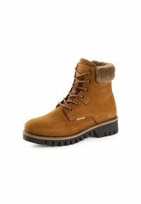 Braune Wildleder-Ankle-Boots mit einem Kunstfellkragen, Schnürdesign und robuster schwarzer Gummisohle. Verfügt über verstärkte Nähte und Logodetail.
