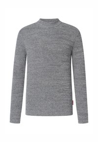 Gray knitted sweater with long sleeves, high neck, and ribbed texture. Features a small red label on the side.