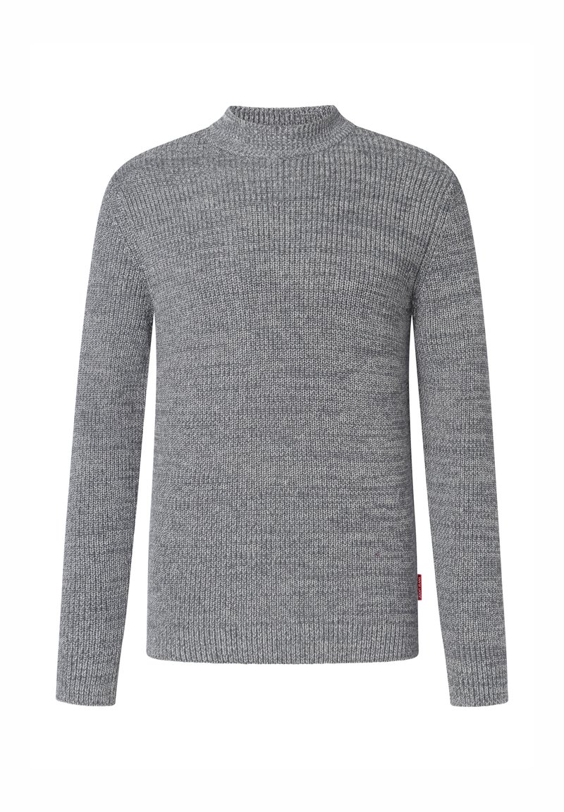 Gray knitted sweater with long sleeves, high neck, and ribbed texture. Features a small red label on the side.