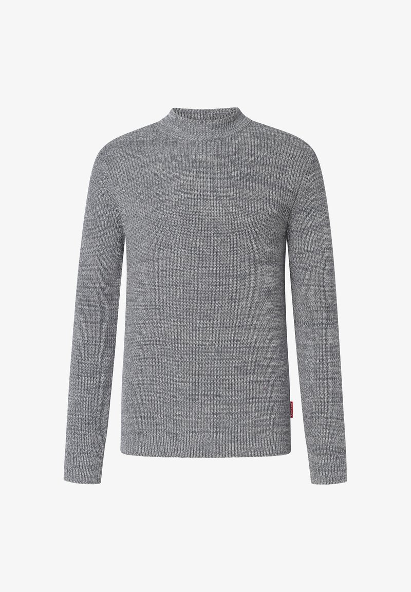 Gray knitted sweater with long sleeves, high neck, and ribbed texture. Features a small red label on the side.