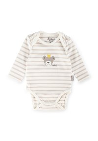Langärmliger Body in beige-weiß gestreift, mit einem Bärenmotiv und einer Krone. Aus weichem Baumwollmaterial mit Druckknopfverschluss im Schritt.