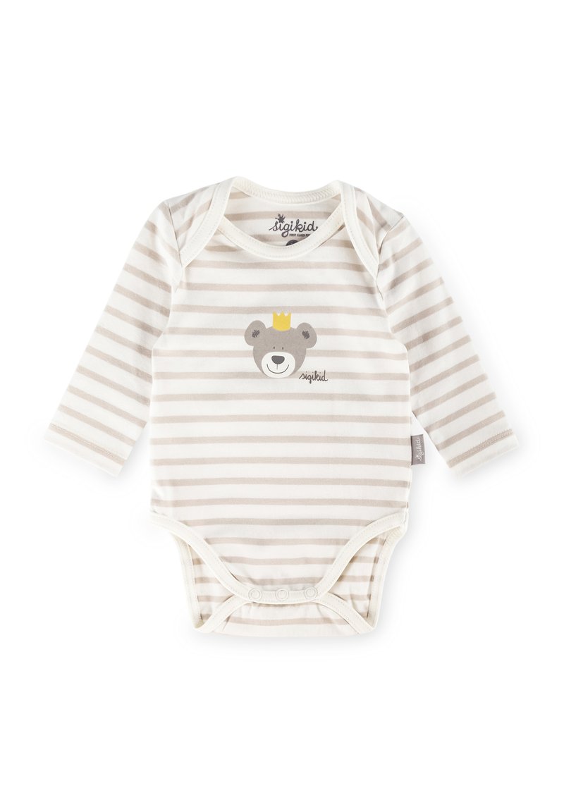 Langärmliger Body in beige-weiß gestreift, mit einem Bärenmotiv und einer Krone. Aus weichem Baumwollmaterial mit Druckknopfverschluss im Schritt.