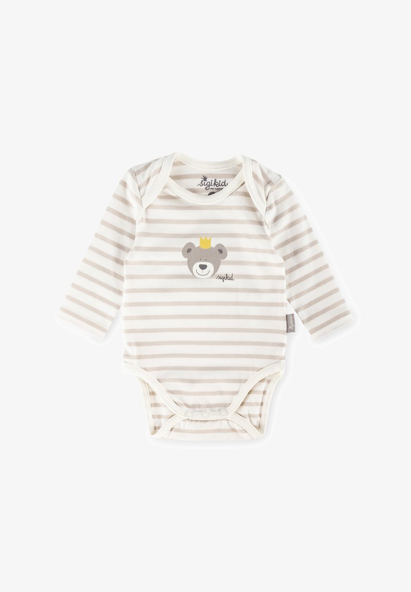 Langärmliger Body in beige-weiß gestreift, mit einem Bärenmotiv und einer Krone. Aus weichem Baumwollmaterial mit Druckknopfverschluss im Schritt.