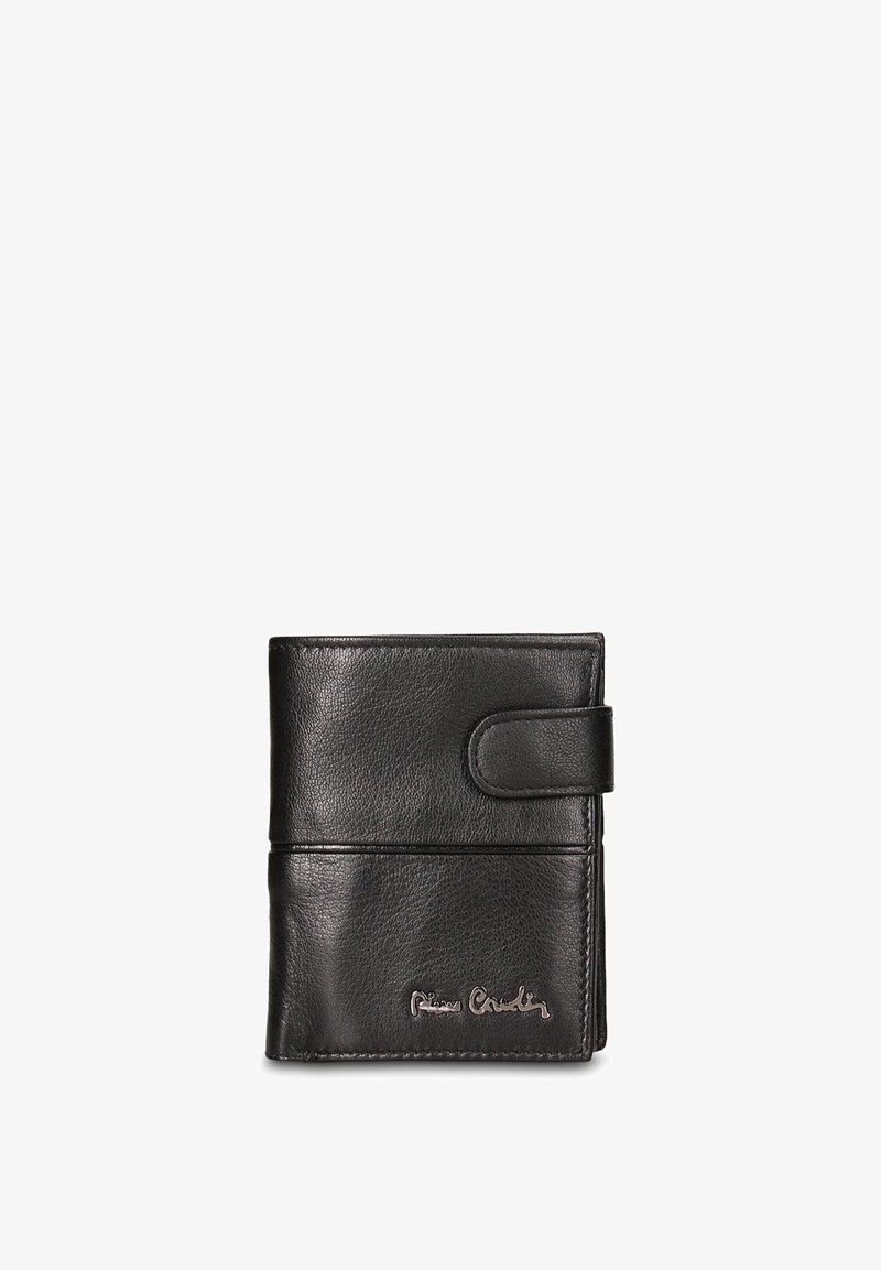 Portafoglio in pelle nera con superficie testurizzata, design con patta, chiusura a scatto e dettaglio del logo in rilievo sul davanti.