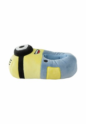 Blød tøfler designet som en Minion-karakter med gul ansigt, sort beskyttelsesbrille og blåt legeme, vist fra siden.