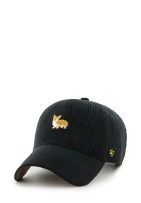 Black corduroy cap featuring a gold embroidered corgi on the front and a small gold accent on the side. Structured design with a curved brim.