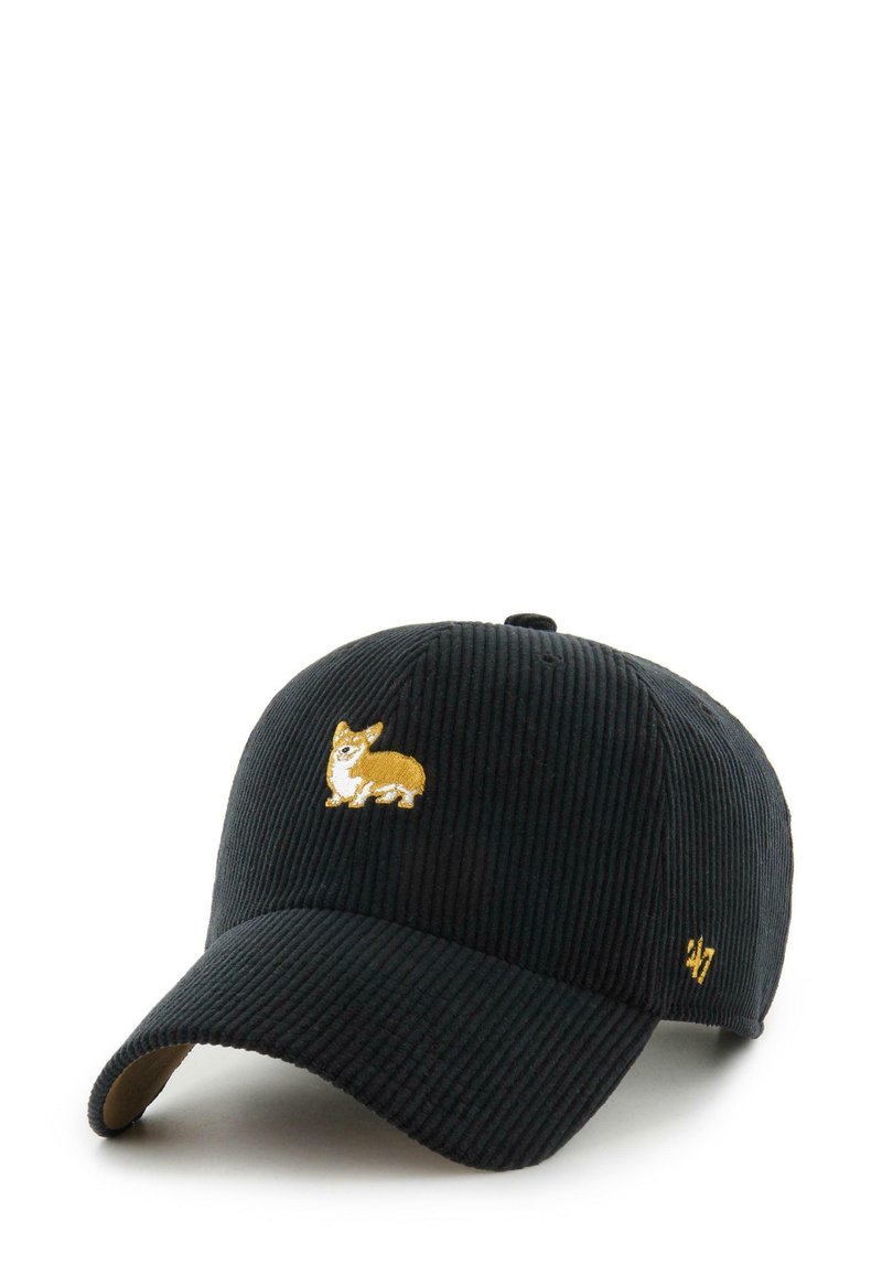 Black corduroy cap featuring a gold embroidered corgi on the front and a small gold accent on the side. Structured design with a curved brim.