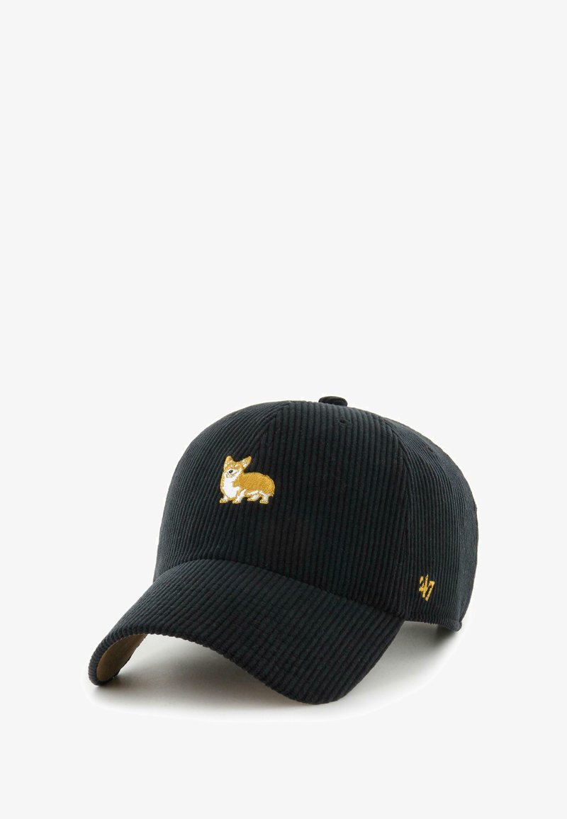 Black corduroy cap featuring a gold embroidered corgi on the front and a small gold accent on the side. Structured design with a curved brim.