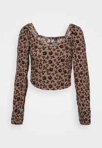 Cropped top de manga longa em tons de castanho, com decote quadrado, padrões de flores pretas e azuis, e tecido texturizado.