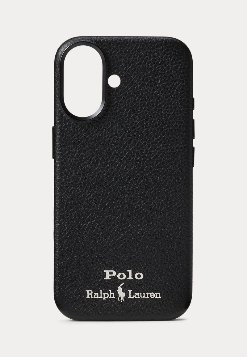 Fekete texturált bőr telefontok nagy kamerakivágással és fehér Polo Ralph Lauren logóval az alsó középső részen.