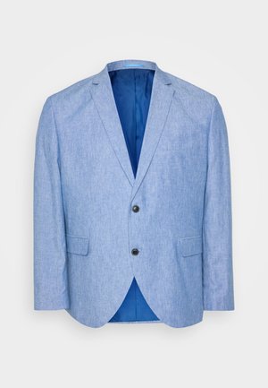 Lichtblauwe blazer van textuurstof. Bevat een notch-lapel, twee zwarte knopen en een blauwe voering aan de binnenkant. Enkele borstzak.