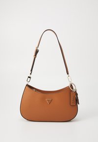 Brown textured handbag with a curved design, featuring a metal logo, a detachable strap, and a tag with "GUESS" in silver.