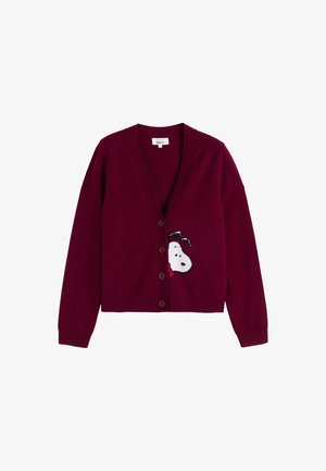 Burgunderfarbener Cardigan mit V-Ausschnitt, der auf der linken Seite ein Snoopy-Motiv zeigt, fünf braune Knöpfe hat und lange Ärmel besitzt. Weiche Stricktextur.