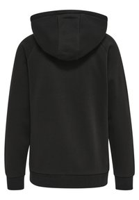 Felpa nera con cappuccio e tasca a marsupio, tessuto morbido, cappuccio regolabile con cordino, polsini e orlo a costine. Design minimalista, senza branding visibile.