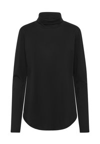 Crna duga majica s turtleneck ovratnikom, zakrivljenog ruba i prilagođenih rukava na bijeloj pozadini.