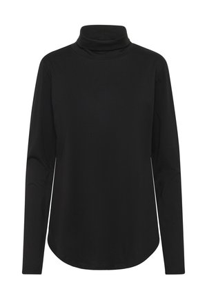 Maglia nera a maniche lunghe con collo a dolcevita, orlo curvo e maniche aderenti su uno sfondo bianco.