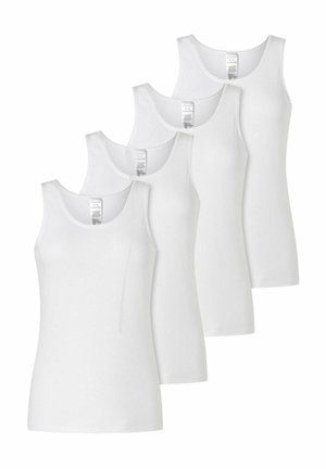 Five plain white sleeveless tank tops stacked in a staggered arrangement, showing front view and fabric tags inside the collars.