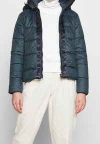 Morska zielona izolowana kurtka puchowa z kapturem, ściągaczami na rękawach i zamkiem błyskawicznym z przodu, z pikowanym wzorem i czarną satynową podszewką.