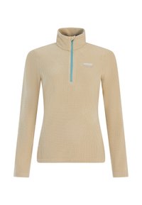 Beige pullover met een hoge kraag en kwart-rits. Gemaakt van gestructureerde stof, met een blauwe rits en een klein logo op de borst.