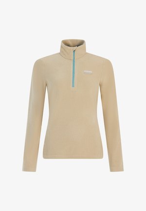 Beżowy sweter z wysokim kołnierzem i suwakiem do jednej czwartej. Wykonany z teksturowanej tkaniny, z niebieskim zamkiem błyskawicznym i małym logo na klatce piersiowej.