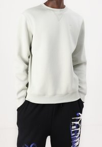 Ljusgrå sweatshirt med rund halsringning, ribbade muddar och nederkant. Har minimal märkning och ett mjukt, texturerat tyg.