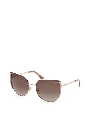 Gafas de sol de estilo cat-eye con lentes marrón degradado, montura de plástico malva y detalles en metal dorado en las varillas. Logo de la marca en el lado derecho.