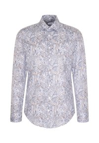 Koszula z długim rękawem z wzorem paisley w odcieniach niebieskiego, kremowego i brązowego. Kołnierzyk na guziki z zaokrąglonym dołem i gładką fakturą materiału.