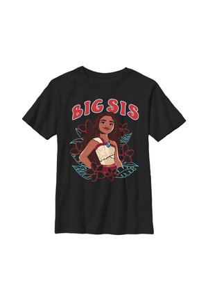 Sort T-shirt med tegneserie af selvsikker pige i tropisk outfit omgivet af blomster og teksten "BIG SIS" over hende.