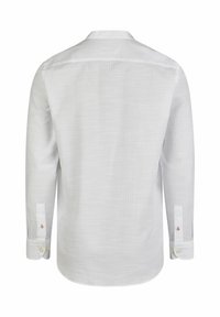 Langarmshirt aus strukturiertem weißen Material; klassischer Kragen, Knopfmanschetten und dezentes Karomuster. Verfügt über einen abgerundeten Saum und eine Rückenpasse.