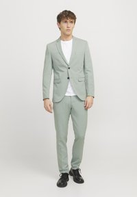 Lys grønn drakt laget av glatt stoff, med en blazer med notched lapels og bukser. Bært over en hvit t-skjorte, kombinert med svarte sko.