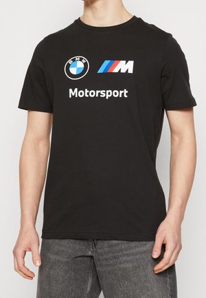 T-shirt en coton noir arborant les logos BMW et Motorsport en blanc et bleu. Design classique à col rond avec manches courtes.