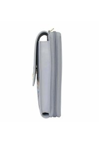 Grijs leren portemonnee met een gladde textuur, featuring een zijrits, een opklapbare flap en een slank profiel voor compacte opslag.