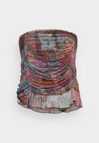 Top sem alças em estampado floral multicolorido, com tecido transparente, bainha com babados e detalhes texturizados por toda a peça.