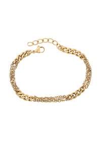 Gouden schakelarmband met meerdere dunne kettingen gekoppeld aan grotere platte schakels en een sluiting met een kreeftenhaak met verstelbare schakels.