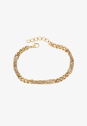 Gouden schakelarmband met meerdere dunne kettingen gekoppeld aan grotere platte schakels en een sluiting met een kreeftenhaak met verstelbare schakels.