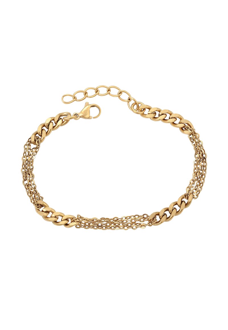 Gouden schakelarmband met meerdere dunne kettingen gekoppeld aan grotere platte schakels en een sluiting met een kreeftenhaak met verstelbare schakels.