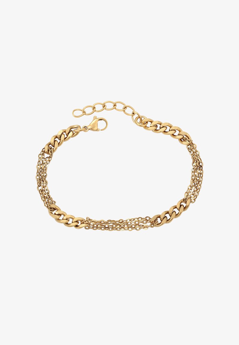 Bransoletka łańcuszkowa w złotym kolorze z wieloma cienkimi łańcuszkami połączonymi z większymi płaskimi ogniwami oraz zapięciem na języczek z regulowanym łańcuchem.