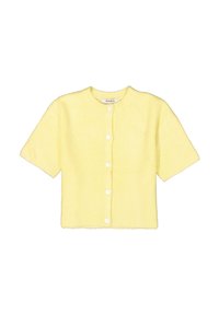 Cárdigan de punto amarillo de manga corta con textura acanalada y cinco botones blancos en la parte delantera. Cuello redondo, diseño corto.