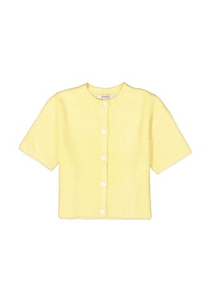 Kortebelem, gele gebreide cardigan met een ribbelstructuur en vijf witte knopen aan de voorkant. Ronde halslijn, cropped ontwerp.